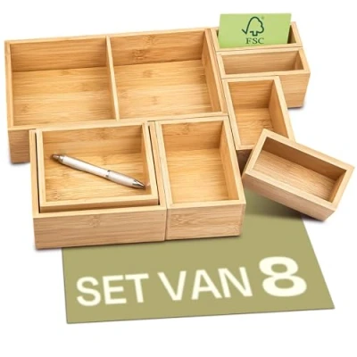 Afbeelding van lade Organiser box set van 8 Gemaakt duurzaam FSC bamboe hout Voor elke in de keuken, badkamer of op kantoor
