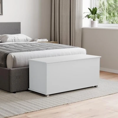 Afbeelding van Vida Designs Leon Opslag Ottomaans, Houten kist met deksel, Zitje, Kruk, Raambank, Dekens, Beddengoed, Speelgoeddoos, Voetenbank, Wit