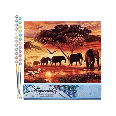 Afbeelding van Figured&#039;Art Schilderen op Nummer Volwassenen canvas Olifanten bij zonsondergang Handwerk acrylverf Kit DIY Compleet 40x50cm zonder frame