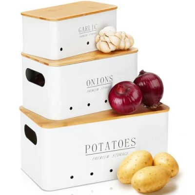 Afbeelding van Otauoaea Aardappelrek voor uien en knoflook, set met 3 containers aardappelen, aardappelhouder de keuken deksel ventilatiegaten, ruimtebesparend, retro design, wit