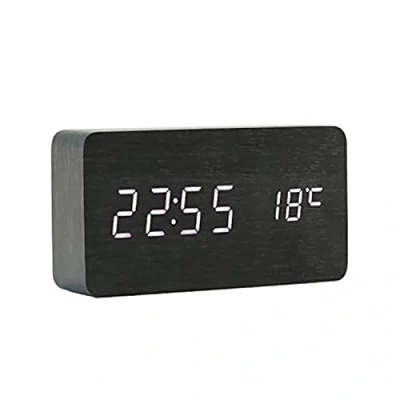Afbeelding van ThreeH Desk Houten Wekker Digitaal Instelbare Helderheid 3 Set Alarm Spraakbesturing Grote Weergavetijd Temperatuur, Datum USB voeding Voor Thuis Kinderen Slaapkamer Kantoor AC11 Black_White
