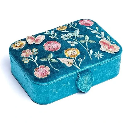Afbeelding van Sieradendoos Tarotdoos Blauw Fluweel met Bloemen Borduurwerk