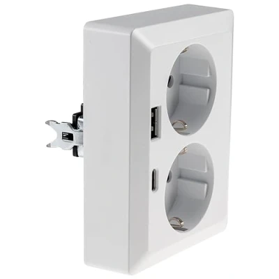 Afbeelding van MILOS randaardecontactdoos 2 voudig dubbel stopcontact 1 op inbouwinstallatie in inbouwdoos 250V /16A met USB A C PD wit