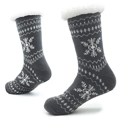 Afbeelding van Gebreide Slipper Sokken voor Mannen met Sherpa Wollaag Bed Slippers Man Antislip Noors Patroon 8 11 (Grijs/Wit)