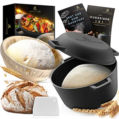Afbeelding van Steinzeitwerk® Gietijzeren pan, brood bakken, incl. fermentatiemand + deegschraper, all in one set als broodbakpan en ideale broodbakvorm met deksel, accessoires