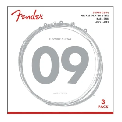Afbeelding van Fender Super 250 String Set 250L (009/042) Pack van 3 Sets Vernikkeld Staal Kogeluiteinden