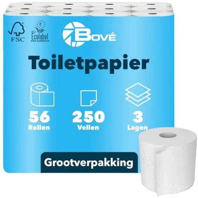 Afbeelding van BOVE toiletpapier 3 laags 250 vellen, 56 rollen (7 stuks elk 8 rollen), wit, 100% cellulose, bloemenreliëf (8101000) extra zacht