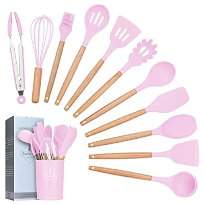 Afbeelding van Siliconen Kookgerei Keukengerei Set, 12 Stuks Natuurlijke Houten Handgrepen Koken Tool Bpa Gratis Niet Giftige Turner Tang Spatel Lepel Keuken Gadgets Gebruiksvoorwerp Set (Roze)