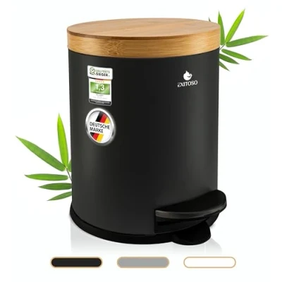 Afbeelding van Exitoso 5 l vuilnisemmer badkamer zwart cosmetica emmer met bamboe houten deksel en softclosemechanisme antislip pad pedaalemmer van roestvrij staal