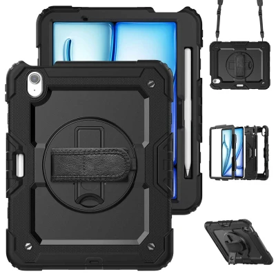 Afbeelding van iPad Air 11 inch (2024) M2 Hoes: Accezz Rugged Backcover Shoulder Strap Backcover,Hardcase Zwart Kunststof Elektronische Accessoires