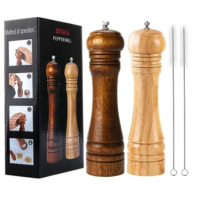 Afbeelding van Binhai houten pepermolen set zout en pepermaler kit, handmatige molen, stevig met sterke verstelbare keramische maalbladen, 2 stuks, 20,3 cm