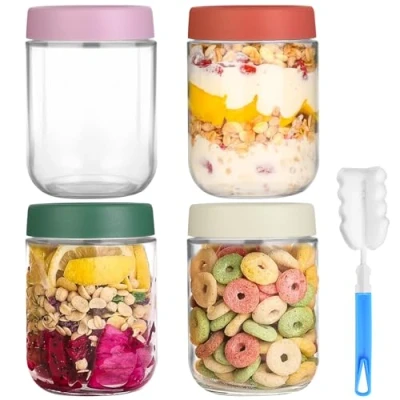 Afbeelding van RMIVEGLIA overnight havermoutpotten, 500 ml, set van 4 maalprep potten met schroefdeksel, herbruikbare schroefpotten deksel, als inmaakpotten en havermoutcontainer voor maalprep.