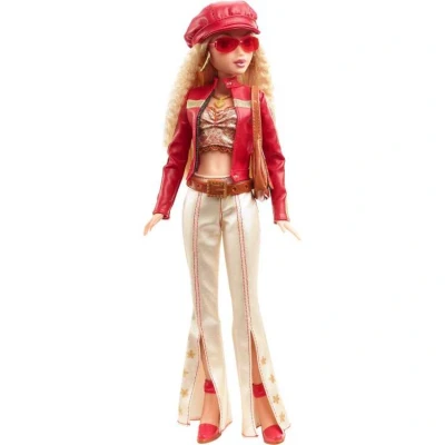 Afbeelding van Barbie Signature My Scene Pop en Accessoires, in op Y2K geïnspireerde outfit met kunstleren jack, broek wijde pijpen, zadeltas poppenstandaard, HYC17