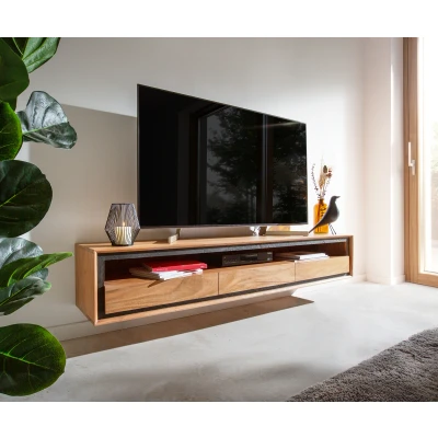 Afbeelding van Tv meubel Stonegrace Acacia natuur 175 cm 1 plank 3 laden steenfineer zwevend lowboard
