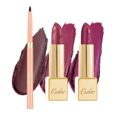 Afbeelding van Oulac Violet lippenstift en liplinerset, matte metallic afwerking, sterk gepigmenteerde hydraterende formule, glad korrelvrij, veganistisch, 3 stuks
