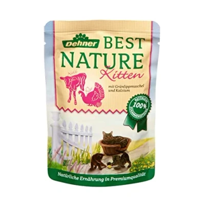 Afbeelding van Dehner Best Nature Kattenvoer, kitten, natvoer, voor jonge katten, kalf/kalkoen/groenlipmossel, zak van 16 x 85 g (1,36 kg)