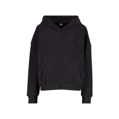 Afbeelding van Urban Classics Damestrui met capuchon, jacquard fluweel, oversized ritssluiting, casual hoodie van fluweel pasvorm, zwart, 3XL
