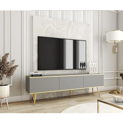 Afbeelding van 3E 3xE living.com tv kast met lamellen in grijze kleur poten zwart, D: L: 175 cm, H: 32 woonkamermeubels, Tele, tafel
