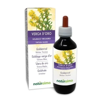 Afbeelding van Echte guldenroede (Solidago virgaurea) kruid met bloemen Alcoholvrije moedertinctuur Naturalma Vloeibaar extract druppels 200 ml Voedingssupplement Veganistisch