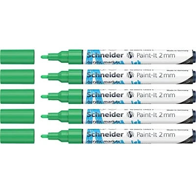 Afbeelding van Schneider Paint It acrylstiften (met 2 mm ronde punt, hoogdekkende acrylverf voor hout, canvas, steen en nog veel meer.) 5 pack, groen