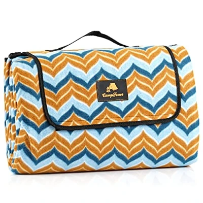 Afbeelding van Picknickdeken waterdicht 200x200 cm XXL campingdeken waterafstotend strandkleed geïsoleerd, outdoor deken, campingaccessoires, picknick (blauw/bruin/zigzag)