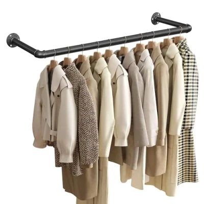 Afbeelding van SONGMICS Kledingrek set van 2, kledingstang in industrieel design, wandmontage, ruimtebesparend, 92 x 30 7,5 cm, belastbaar tot 50 kg, eenvoudige montage, voor kleine flats, zwart HSR67BK02