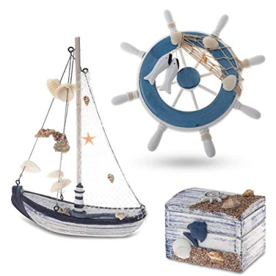 Afbeelding van Maritieme badkamerdecoratie set van 3 stuurwiel, zeilschip en schatkist hout liefdevol vormgegeven badkameraccessoires met details (design 2 3)