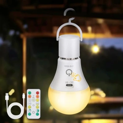 Afbeelding van Kimjo Oplaadbare Gloeilamp met Batterij, Afstandsbediening E27 7W, USB 3 Kleuren Dimbaar Timing Functie, Touch Control Outdoor Noodverlichting