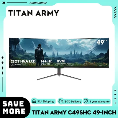 Afbeelding van TITAN ARMY C49SHC 49 inch gamingmonitor,3840*1080 CSOT HVA paneel, 32:9 oversized gebogen scherm,144Hz hoge verversingssnelheid,Smart PIP/PBP Split Screen,Adaptive Sync,1*HDMI 2.0 1*DP 1.4 1*Full Feature USB C 1*USB B 2*USB A, 65W omgekeerd opladen