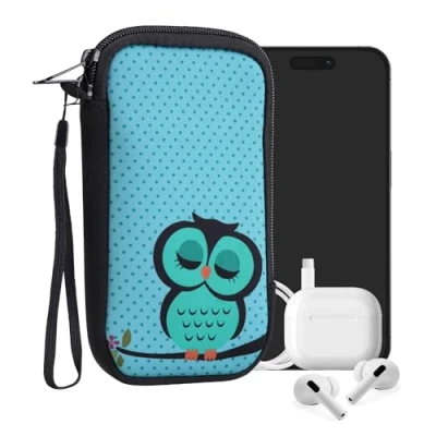 Afbeelding van kwmobile hoesje voor smartphones L 6,5&quot; hoes van Neopreen Slapende Uil design turquoise / bruin mintgroen binnenmaat 16,5 x 8,9 cm