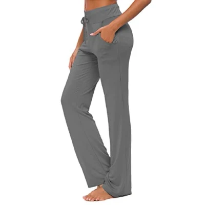 Afbeelding van Yogabroek voor dames met zakken rechte pijpen joggingbroek comfortabele modale trekkoord lounge running lange actieve broek, Donkergrijs, M