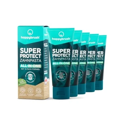 Afbeelding van happybrush SuperProtect All in One tandpasta met 9 voudige formule verzorgt het tandvlees, helpt cariës te voorkomen, klinisch geteste 5 pack frisse muntsmaak