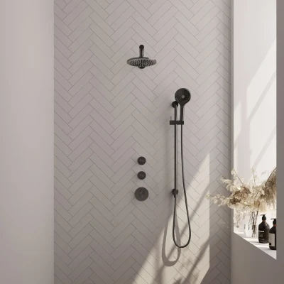 Afbeelding van Brauer Gunmetal carving Regendoucheset inbouw hoofddouche 20cm 3 knoppen rechte wandarm glijstang handdouche rond standen PVD