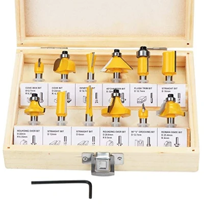 Afbeelding van HSEAMALL 12 stuks 6,35 mm 1/4 inch schacht wolfraamcarbide getipte router bitset met moersleutel