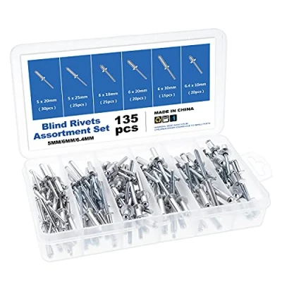 Afbeelding van Gueenky 135 stuks klinknagels, aluminium, 5/6/6,4 mm, 6 maten, zilveren blindklinknagels, set popklinknagels, assortiment met opbergdoos voor metaal, hout en kunststof