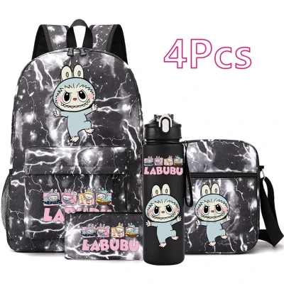 Afbeelding van Schooltas 4 delige Rugzak Set met Waterfles, Lunchtas &amp; Etui Canvas Schoolrugzak voor Tieners 32x15x45cm Zwart