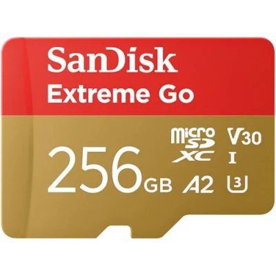 Afbeelding van SanDisk 256GB Extreme Go micro SDXC UHS I Kaart 256 GB + SD Adapter (Voor Android Smartphones en Tablets, Action Cams &amp; Drones, Tot 200 MB/s, V30, 5K, 4K UHD, Rescue PRO Deluxe, C10, U3) voor Amazon