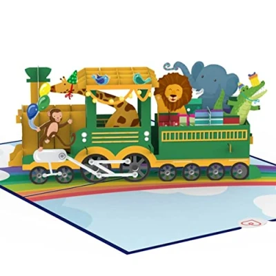 Afbeelding van papercrush® Pop upkaart spoorweg met dieren grappige 3D verjaardagskaart locomotief voor kinderen (meisjes en jongens), wenskaart kinderverjaardag, cadeaubon dierentuinspectie