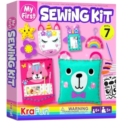 Afbeelding van KRAFUN Mijn eerste naaikit voor kinderen van 5 6 7 8 9 Beginner Art &amp; Craft, inclusief eenvoudige projecten poppen en kussens, instructie pluche vilten materialen om te leren naaien,