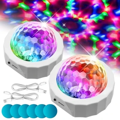 Afbeelding van mini discobollamp, 2 stuks, 5 V, discolicht, partyverlichting, draagbare auto discolampen, led DJ partylicht, stemgestuurde USB disco sfeerlicht, batterij voor feesten, verjaardag, club