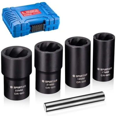 Afbeelding van Spurtar 5 delige Twist Socket Set, Gestripte Lug Moer Remover Beschadigd Verroeste Verwijdering Extractor Tool met Drift Punch Bar voor Mechanica 17mm, 19MM, 21MM, 22MM
