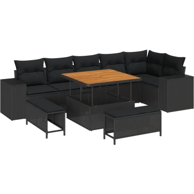 Afbeelding van vidaXL 9 Delige Tuin Sofa Set met Kussens Zwart Poly Rattan Acacia