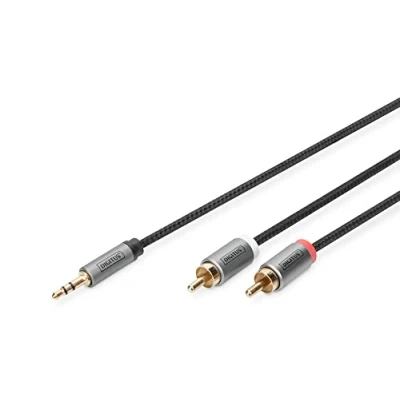 Afbeelding van DIGITUS Audio adapterkabel 3.5mm jack naar 2xRCA aux kabel stereo RCA adapter vergulde contacten gevlochten 1m zwart voor stereosystemen, home cinema, soundbar, computer