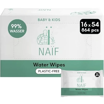 Afbeelding van Naïf, Plasticvrije Billendoekjes voor Baby &amp; Kids, Vochtige doekjes de billen, het lichaam en gezicht, Natuurlijke ingrediënten, Gemaakt van eucalyptusvezels, Vegan, 16 packs x 54