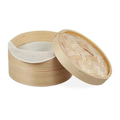 Afbeelding van Relaxdays stomer bamboe rijst stoommandje mandje om te stomen 2 laags 26 cm