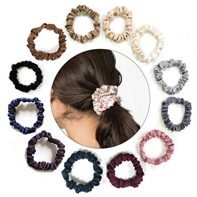 Afbeelding van Uni Fine 12 Kleuren Satijnen Scrunchies, Sterke Elastische Satijn/Zijde Kleine Scrunchies Effen Kleur Traceless Haar voor Dik/Dun Haar, Antislip Paardenstaart Houder Bandenset Vrouwen