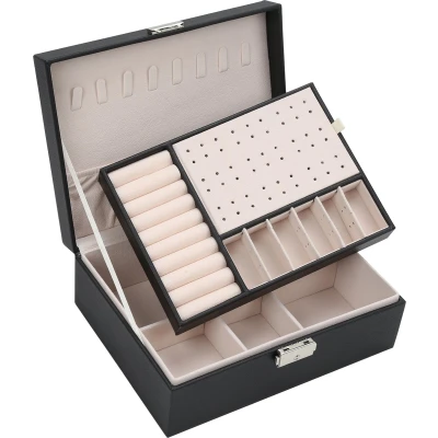 Afbeelding van 2 laags Sieradendoos juwelendoos dames Sieradendoosje Opbergdoos Sieradenbox luxe PU leer Zwart