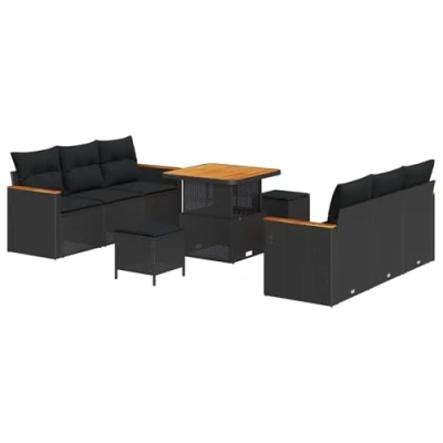 Afbeelding van vidaXL 9 delige Tuin Sofa Set met Kussens Zwart Poly Rattan Acacia, 3 Eettafel Acacia