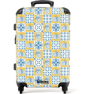 Afbeelding van NoBoringSuitcases.com Grote koffer Tegel patroon blauw geel Reiskoffer met 4 wielen Trolley op wieltjes Rolkoffer groot 72 liter Ruimbagage valies 20kg Valiezen voor volwassenen