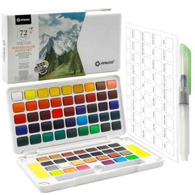 Afbeelding van Artecho Aquarelverfset, 72 kleuren, in draagbare doos, met watertankkwast, aquarel voor reizen, waterverf kunstenaars en hobbyschilders